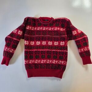 Pleasure Womens Red Fair Isle 100% Wool Crewneck Sweater Nordic Snowflake Large
